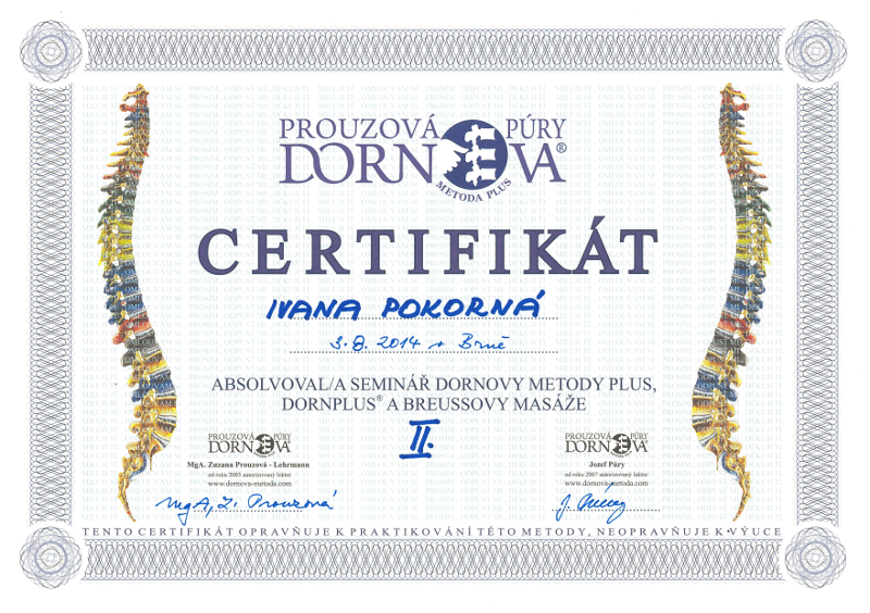 Certifikát Ivana Pokorná - Dornova metoda plus, Dornplus a Breussova masáž